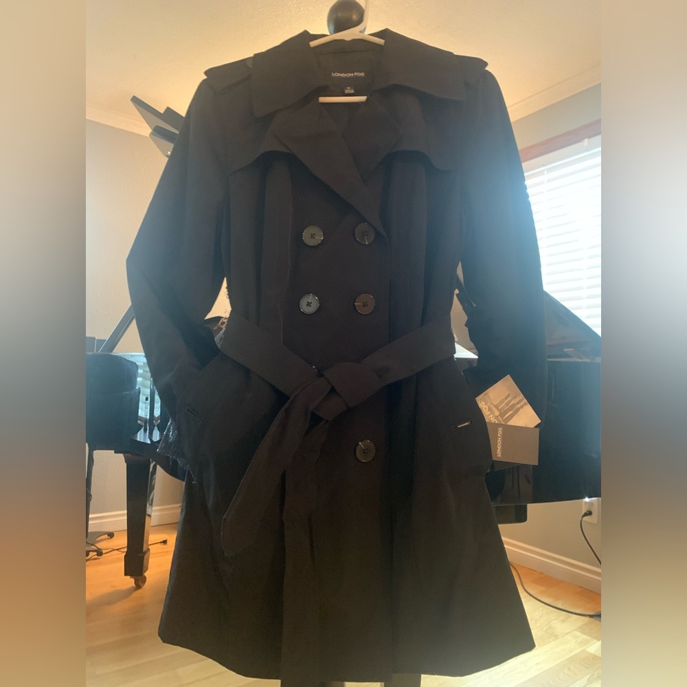 NWT London Fog belted black trench coat Sz medium